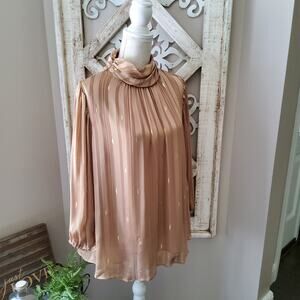Zac & Rachel 3/4 Sleeve Mock High Neck Chiffon Blouse Gold Foil Shadow Stripe